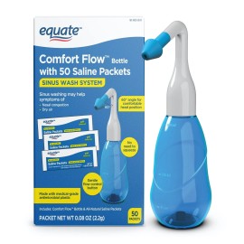 Equate Comfort Flow Bottle & 50 Saline Packets Blue Nasal Congestion Wash System