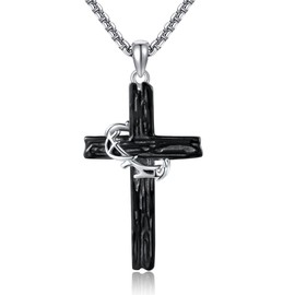 HUKKUN Black Cross Necklace Sterling Silver Jesus Thorn Crown Cross Necklace for Men Catholic Jewelry Gift for Father Brother Boyfriend Son