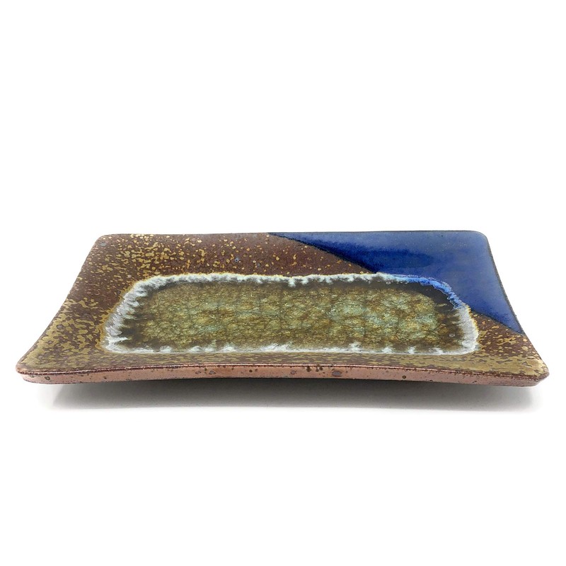 Dock 6 Pottery 10-inch Rectangular Tray with Fused Glass, Blue/Copper