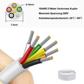 LightingWill 5 Meter 18AWG 6x0,75mm2 Elektrischer Kabel, 6 Adriges Kabel 5V/12V/24V/300V Wei? Verzinntes Kupferkabel, Flexibel und Weich Niedrige Impedanz Hohe Temperaturbest?ndigkeit Verl?ngerungskabel