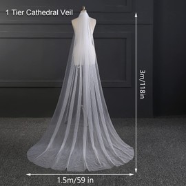 Heliltd Bride Wedding Veil 118 Inches Long 1 Tier Drop Veil Cathedral Bridal Veil with Comb Chapel Tulle Hair Accessories (White)