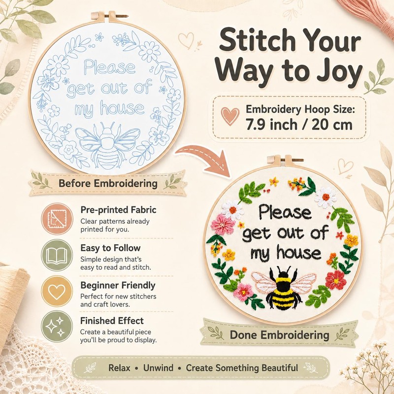 Nuberlic Please Get Out of My House Embroidery Kit, Stitch