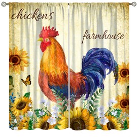 Cortinas clásico de decoración de gallo para cocina, rústico, granja, acuarela, girasol, mariposa, flores, animales, pollo, cortinas de ventana para niños, niñas, recámara, sala de estar, granja, 42 x
