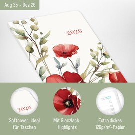 Häfft® Monthly Calendar 2025/2026 A6+ Slim "Wild Poppy" 1 Month on 2 Pages, Pocket Calendar for 17 Months: August 25 - Dec. 26, Monthly Planner Small - Sustainable & Climate Friendly