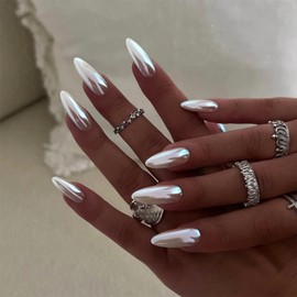 Vopintpy Chrome Press on Nails White Solid Color Fake Nails with Glue on Nails Long Almond False Acrylic Nails Mirror Full Cover Stick on Nails for Women DIY Salon Nail