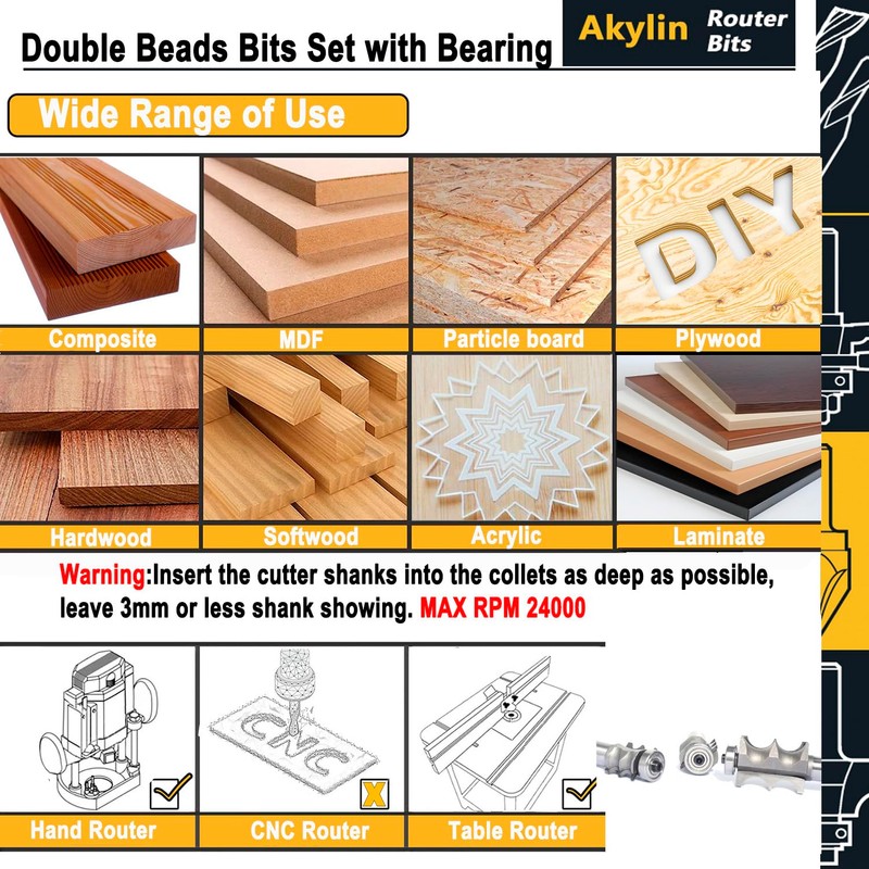 3Pcs Double Beading Router Bits 1/2" Shank,Cutting Height 3/4",7/8",1-3/8" Pair