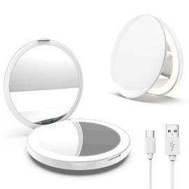 MY BEAUTY LIGHT Portable Bright Travel Makeup Mirror with Lights, 2-Sided Compact Magnifying Mirror, Dimmable and Color Temperature Changing Handheld Pocket Mirror with Light for Purses, Round, White