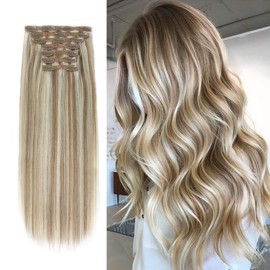 Sixstarhair 16inch Clip In Hair Extensions Ash Brown Fading to Ash Blonde 7 Pieces Natural Human Hair Invisible Remy Hair Extensions 140g per Pack [Color B8-60# 16inch]