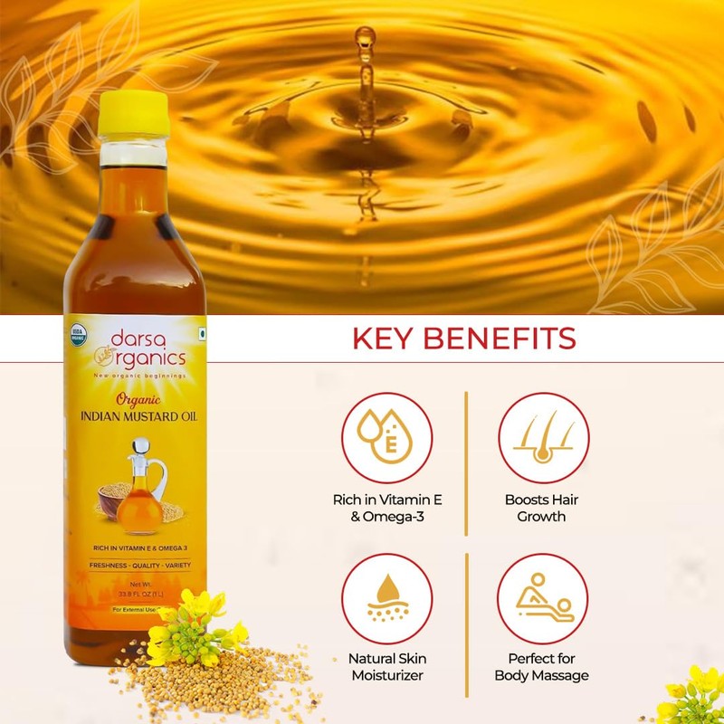 Darsa Organics Cold-Pressed Mustard Oil 33.8 oz (1000ml) – USDA