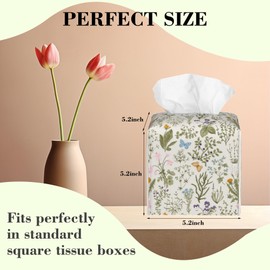 Vintage Floral Butterfly Tissue Box Cover,Colorful Herbs and Wild Flowers Waterproof Leather Square Tissue Box Cover Case Facial Paper Organizer Dispenser Box Holder for Home Office Bathroom Vanity