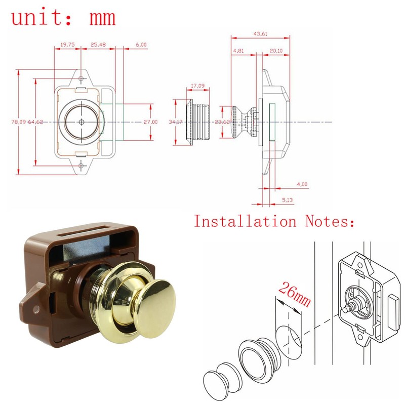 SQXBK Keyless Push Button Catch Door Knob Lock Push Button