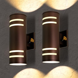 Tesjaso Modern Outdoor Wall Light with Dusk to Dawn Sensor, 2-Pack Brown Exterior Wall Sconces with E26 Bulbs Included, IP65 Waterproof Anti-Rust Aluminum Porch and Garage Light Fixtures