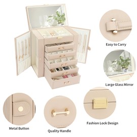 V-LAFUY Large Jewelry Holder Organizer, 6 Layer Jewelry Box for Women Jewelry Storage Case With Handle, Gift for Christmas New Year, Apricot