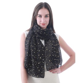 Lina & Lily Sparkle Foil Star Print Women's Scarf Shawl Wrap, Shimmer Silver Gold Glitter Lightweight Gift Party (Black-Gold Stars)