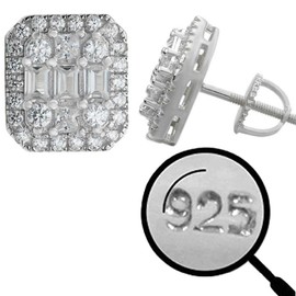 Real Solid 925 Sterling Silver - Men's Baguette Earrings - Iced CZ 10mm (0.4") Earrings Screw Back Aretes - Flooded Out
