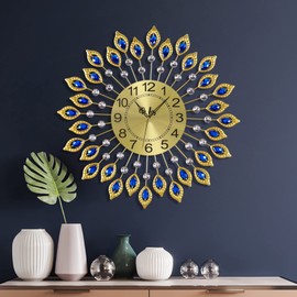JUGV 21.2 Inch Gold Large Wall Clocks for Living Room Decor,Elegant 3D Modern Wall Clock with Dial Arabic Numberals Non-Ticking Silent Big Wall Clocks,Diamond Round Home Decoration Kitchen Clocks