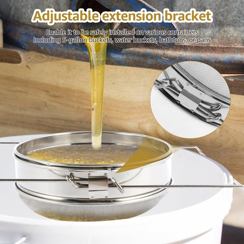 Double Sieve Honey Strainer with Extendable Arms, Stainless Steel Honey