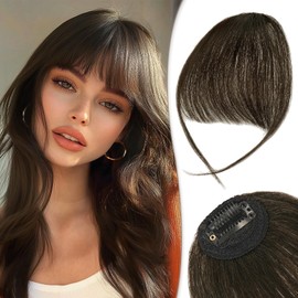 RUWISS Clip-In Fringe 100% Hairpiece, Real Hair Clip in Bangs with Temples, Remy Real Hair Fringe Bangs for Women, Pony Extension, Real Hair for Women (Dark Natural Brown)