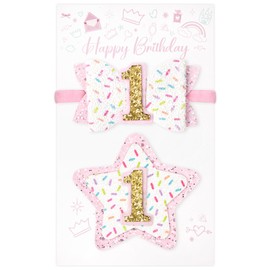 DEEKA 1st Birthday Hair Bow and Badge Set Birthday Decorations for Girl Glitter Pink and White Hair Clips for 1 Year Girl Birthday Party Decoration for Girls Toddlers Hair Accessories