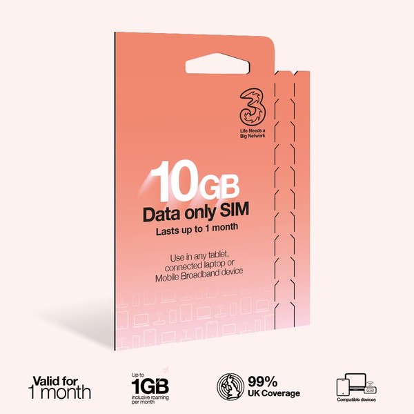 Three PAYG Mobile Broadband SIM, Pre-loaded with 10GB of Data