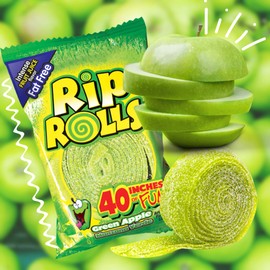 Rip Rolls Sour Green Apple Belt Sugar Coated Licorice Candies, Extra Long Fruit Flavored Fat Free and Peanut Free Candy for Party and Goodie Bag Fillers, Pack of 3, 40 Inches Each