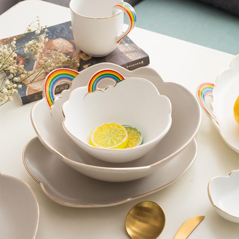 WAIT FLY Rainbow and Cloud Ceramic Salad Bowl, Dessert Bowls,