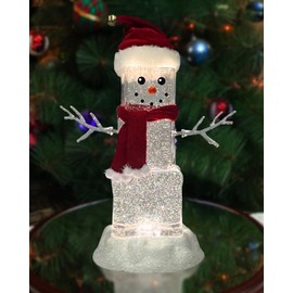 MOMENTS IN TIME 11.3“H Acrylic Ice Cube Snowman - LED Lights, Water Spinning Glitter, Battery Operated