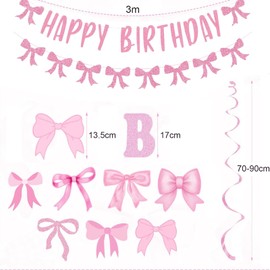 LYNSAN Birthday Decoration Pink Bow Birthday Banner with Hanging Spirals Garland Pink Coquette Glitter Happy Birthday Party Accessories Streamers for Girls Women Birthday Party