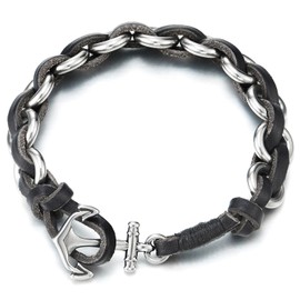 COOLSTEELANDBEYOND Marine Anchor Shackle Clasp, Steel Chain and Leather Braided Bracelet, Mens Women Bangle Wristband