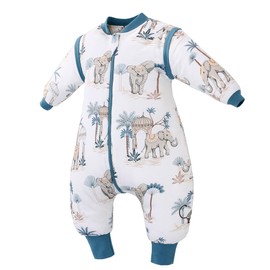 LAT Baby Sleeping Bag with Feet 2.5 TOG Winter Warm Toddler Sleep Sack with Legs Long Sleeves Removable 100% Cotton Wearable Blanket for Girls Boys (Elephant, M (12-24 Months))