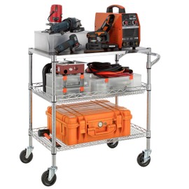 Finnhomy 3 Tier Heavy Duty Commercial Grade Utility Cart with Wood Top, Wire Rolling Cart with Wheels and Handle Bar, Kitchen Carts on Wheels, Metal Cart with 600 LBS Capacity, Chrome