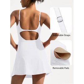Dokuritu Womens Golf Tennis Dress with Shorts Spaghetti Strap Square Neck Backless Side Slit Exercise Active Dresses White