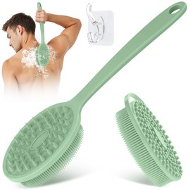GEENOA Silicone Back & Body Scrubber Set 2PCS, 13.4'' Gentle Exfoliating Back Scrubber with Dual-Side Head and Non-Slip Handle, Hygienic Silicone Loofah with Soft Bristles and Massage Dots(Green-2PC)