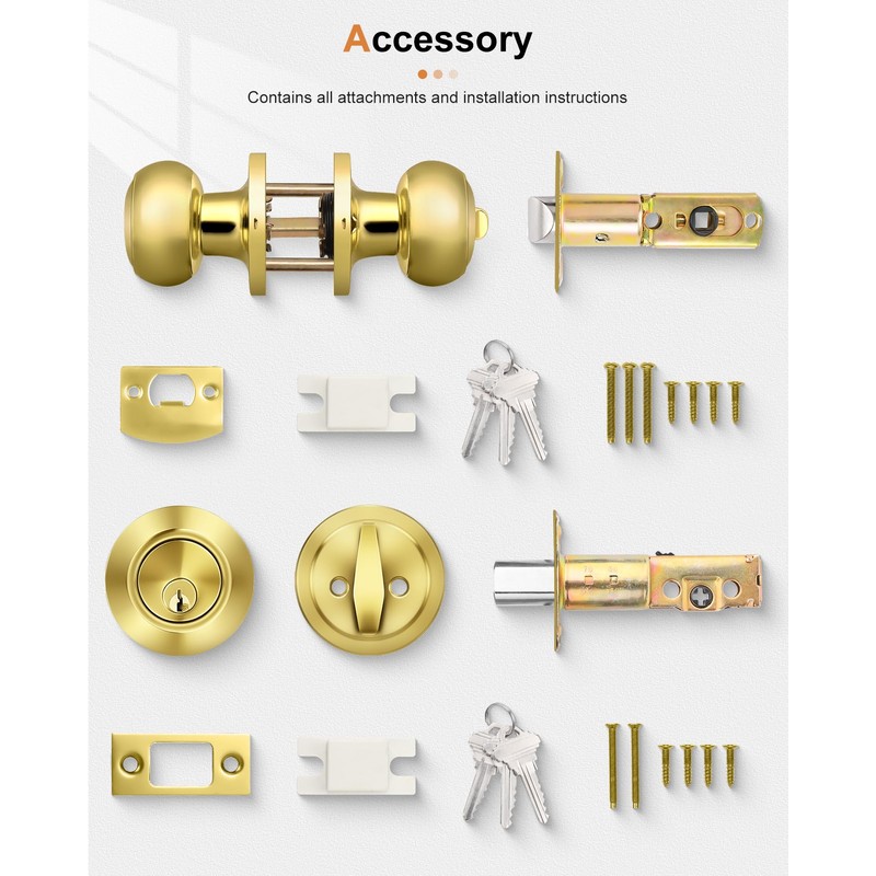 Probrico Door Knob and Single Cylinder Deadbolt Lock Set, Polished