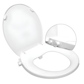 GenieBidet Right Side Bidet Toilet Seat Round - Round Bidet Toilet Seat with Adjustable Self-Cleaning Nozzles, Attachment, T Adapter & Bottle - Non Electric Bidet Seat