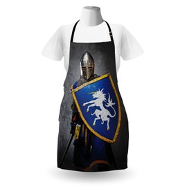 Lunarable Medieval Apron, Medieval Knight Holding an Aged Old Shield Historical Theme Digital Print, Unisex Kitchen Bib with Adjustable Neck for Cooking Gardening, Adult Size, Grey Navy