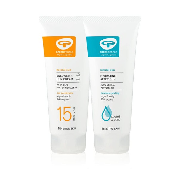 Green People LSF15 Sun & After Sun Bundle, Contents: 1 x Edelweiss Sun Cream with Tanning Accelerator SPF 15 200 ml and 1 x Hydrating After Sun 200 ml Certified Organic Ingredients