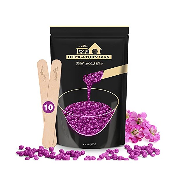 Lifestance Violet 450g Wax Beads, Coarse Hair Removal Formula, Hard Wax Beads for Brazilian Bikini - Legs - Underarm- Private Part, Waxing Beads with 10 Applicators for Wax Warmers
