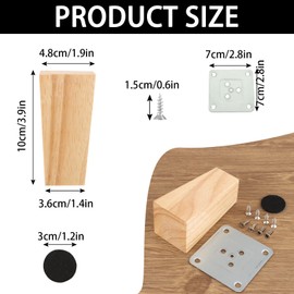APACALI Pack of 4 Wooden Furniture Feets, 10 cm Cabinet Feet, Wood, Square Furniture Legs, Wooden Feet for Furniture, Table Legs, Oak Furniture Legs with Foot Pad