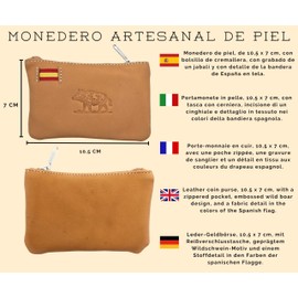Leather Coin Purse with the Colors of the Bandea of Spain. Handmade Spanish Purse. Includes Keychain and Bracelet of Spain., Wild Boar, Classic