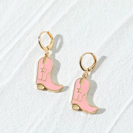 Cute Cowgirl Boot Hat Earrings Enamel Western Cowboy Dangle Drop Earrings-Pink