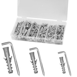 wonkeken Pack of 180 L Hooks Screw Hooks with Expansion Tube, Wall Hooks, Stainless Steel Metal Hooks, Right Angle Metal Screw Hooks, Picture Hooks for Home, Workplace, Office Hanging