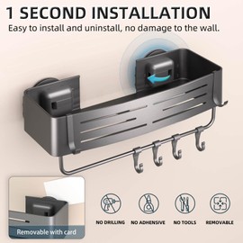 Onemake Shower Caddy Suction Cup, 2 Pack Removable Bathroom Shelf, Shower Organizer with 12 Portable Hooks, Shower Caddy Corner Waterproof Holder with 2 Towel Bars, Gray