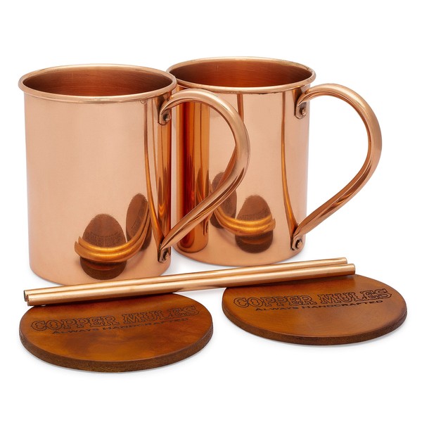 Moscow Mule PURE Copper Mugs Set of 2 by Copper Mules - Handcrafted of 100% Pure THICK Copper - Straight Smooth Finish - EasyCare Copper Interior - Strong Authentic Riveted Handle - Holds 16 ounces