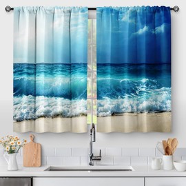 Beach Ocean Sea Kitchen Curtains - Country Short Cafe Tier Curtains Decor for Living Dining Bathroom Room Summer Seascape Hawaiian Theme Blue Waves Window Drapes 36 Inch Length 2 Panels set 28x36