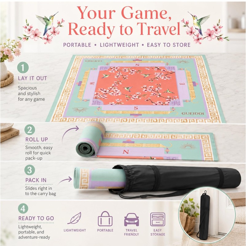 Gueiddi Premium Pink Floral Mahjong Mat 33"x33" , Smooth Glide