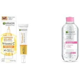 Garnier Skin Active. Express Aclara Crema de Ojos para Reducción Ojeras 15 ml + Agua Micelar Desmaquillante para Todo Tipo de Piel 400 ml