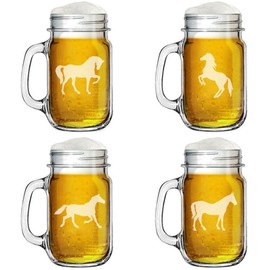 16oz Mason Jar Glass Mug w/Handle Gift Set of 4 Horse Collection