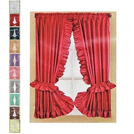 Better Home Ruffled Fabric Window Curtain Set, Mosaic - 2 Tie Backs - Adhesive Hooks (Burgundy Red)
