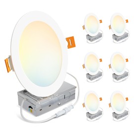 LVWIT Ultra-Thin Recessed Lighting 8 Inch with Junction Box, 1620LM High Luminance 2700K-5000K 5CCT LED Ceiling Lights, Dimmable Canless Wafer Downlight, ETL,FCC&IC, Smooth Trim, 6 Pack
